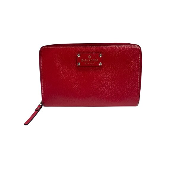 Kate Spade Grand Street Zip Around Travel Bifold Wallet Red Leather Organizer - Picture 1 of 6